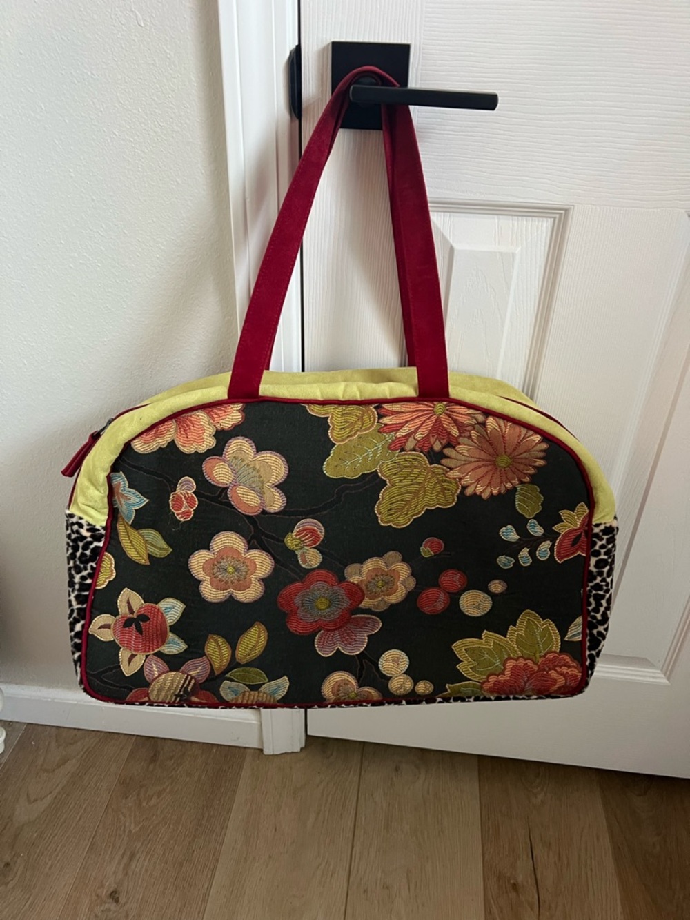 Floral Travel Tote Bag with Red Handles